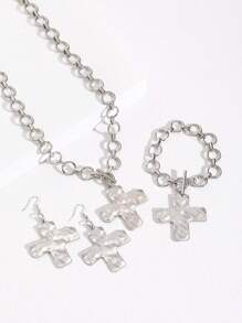 3pcs Set Retro Simple Exaggerated Metal Cross Earrings, Chunky Chain Bracelet, Necklace With Cross Pendant Geometric Circle Hammer Pattern Jewelry Set, Suitable For Women Daily Wear