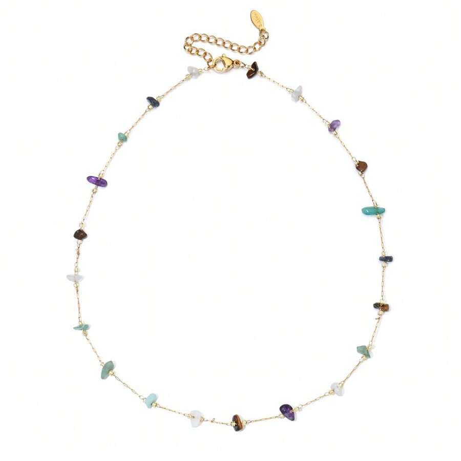 1pc Minimalist Natural Stone Necklace With Agate, Turquoise, Yellow Jade, Rose Quartz, Purple Crystal - Mauve Purple - View 1