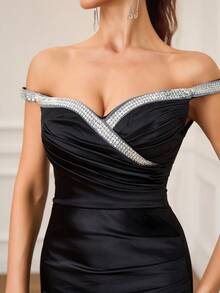 New Stylish Rhinestone Strap Off Shoulder Ruched Thigh Slit Party Dress For Women, Spring/Summer, Wedding Guest Dress, Formal Dress, Evening Dress,Gown - Black - View 3