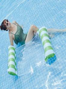 1pc Inflatable Float Bed, Foldable Backrest Pool Float Bed, Multifunctional Lounge Chair & Hammock - Green Stripes - View 2