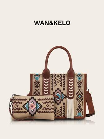2pcs/Set Bohemian Vintage Women Handbag & Crossbody Shoulder Tote Bag With Wallet