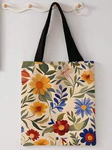花朵图案双面印花单肩手提包印花手提包休闲旅行沙滩包大容量可重复使用单肩购物袋女士休闲单肩包手提包大容量帆布沙滩包手提包购物袋印花女士杂货单肩包 - 彩色 - 查看 8