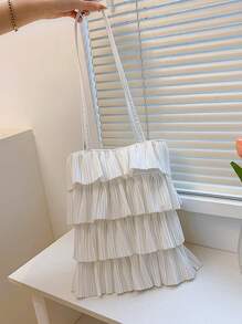 1 Pc White Fabric Casual Fresh Style Foldable Multi-Layer Pleated Open Tote Bag, Large Capacity Suitable For Women In Spring/Summer, College Student School Bag, Teenage Girls Outdoor Shopping Handbag For Phones, Wallets, Lipsticks, Keys, Tissue, Storage Pouch, Fashion Item