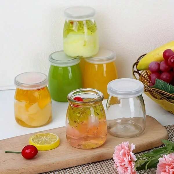 1/6pcs 4oz Clear Glass Jars With PE Lids - Perfect For Yogurt, Pudding, Milk, Jam, Jelly, Mousse And Honey - Reusable Round Storage Containers, Ideal For Home Kitchen