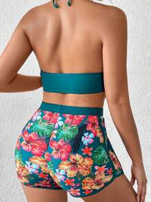 Women Bikini Set Flower Print Tie-Up Bra Briefs With Shorts Bathing Suit 3-Piece Swimsuit - Dark Green - View 3