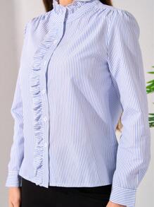 Camisa casual de cuello azul y blanco a rayas para mujer, apta para uso diario - Celeste - Ver 6