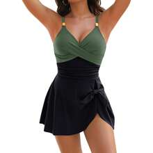 Womens One Piece Swimsuits Tummy Control Swim Dress High Waisted Bathing Suits Slimming Mesh Swimwear - Army Green - View 4