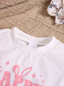 Conjunto de verano para niña: mono de manga corta con estampado de letras, pantalones cortos con estampado floral y cintura elástica, diadema con lazo, conjunto de 3 piezas estilo pastoral para Pascua. - Blanco - Ver 7