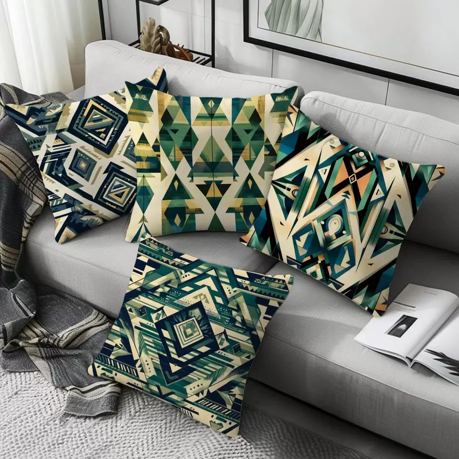4 Pcs Olive Green Geometric Pattern Decorative Throw Pillow Covers, Plush Peach Skin Fabric, One-Sided Print 45*45CM, Suitable For Home, Bedroom, Living Room, Sofa, Gift