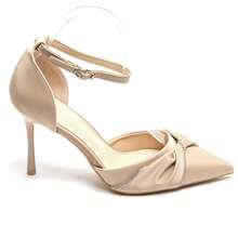 Peep Toe High Heel Shoes With Ankle Strap And Ruffle Details, Embellished With Rhinestones - Khaki - View 2