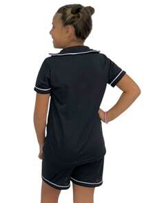 American Mother And Daughter Pajamas - Turtleneck Top And Shorts - Blanco y Negro - Ver 8