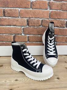 Botte haute pour femme, en canevas, à lacets, confortable, style Bamba, canevas classique, sportive - Noir - Voir 2