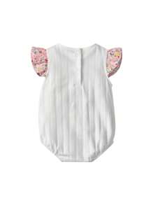 Baby Girl's Floral Print Patchwork Bodysuit With Bow Decor And Hat - Pink - View 3
