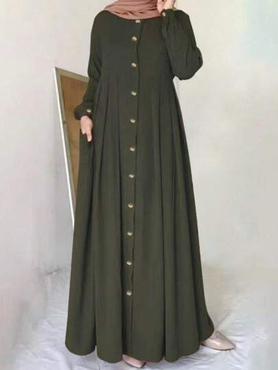 Plus Size Women Long Sleeve Solid Color Button Up Pocket Casual Arabic Dress Spring