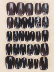 30 Pieces Of Short Coffin Shaped Pressed Fake Nail Patches, Leopard Print Cat Eyes Sweet And Cool Japanese And Korean Style Women's Fingernail Patches, New And Fashionable Fingertips, Matched With 1 Piece Of Jelly Glue And 1 Piece Of Rubbing Strip, Suitable For Women's Parties, Dances, Daily Casual Wear, Detachable And Reusable Wear