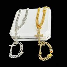 Juego de collar, pulsera, colgante de cruz y anillo con incrustaciones de cristal tipo cubana, diseño clásico de broche de barba chapado en oro, incrustación de strass de 13 mm, estilo de moda callejera de hip-hop, disponible en colores oro y platino, múltiples tallas