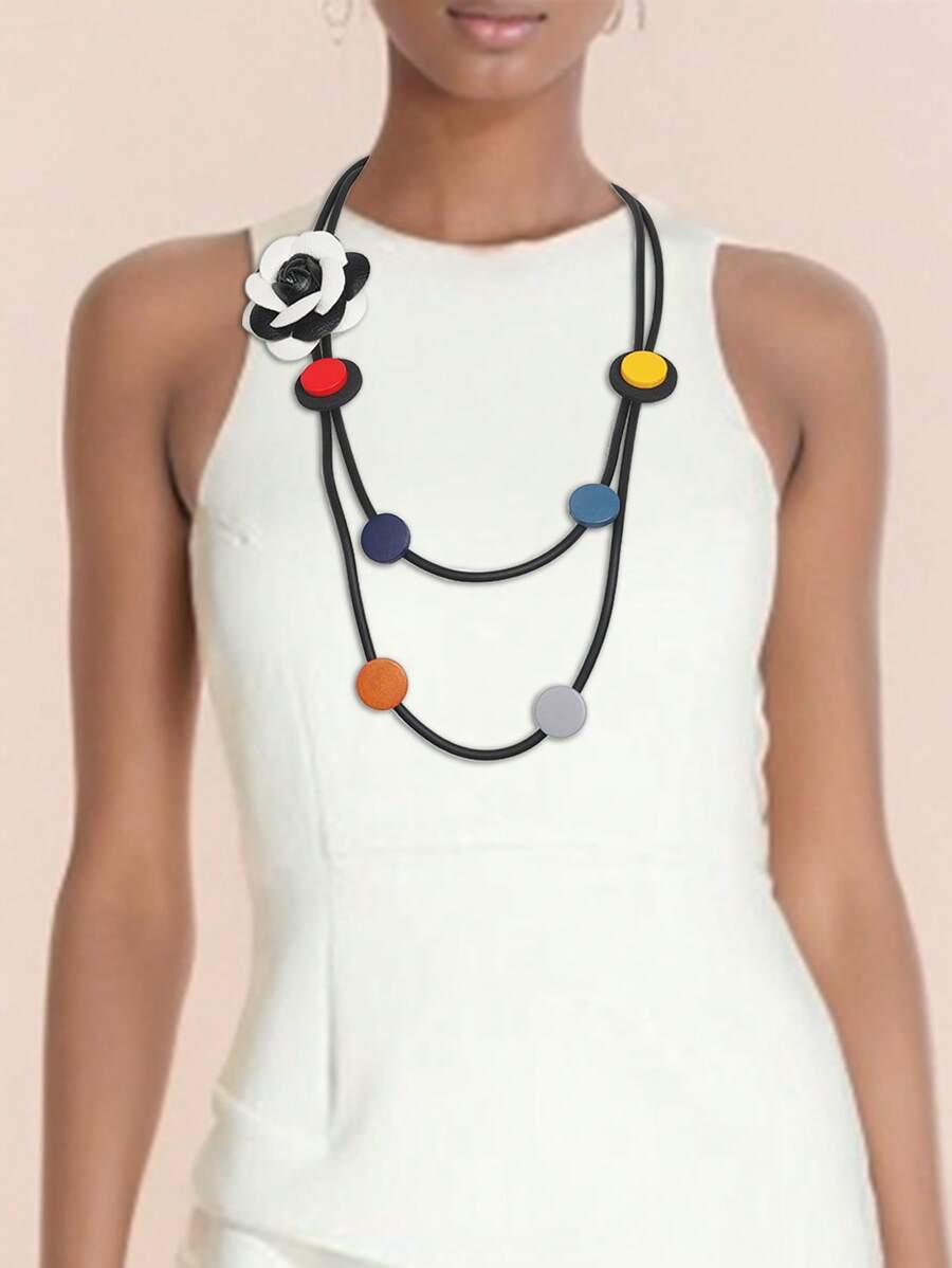 MARLIWOO 1 Piece Multi-Layer String Decor Colorful Wooden Beads Accessory Retro Floral Pendant Fashion Necklace For Women