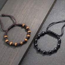 Antique Hand Braided Men Rope Bracelet Boho Black Brown Retro Round Wooden Bracelet For Men Armband Jewelry