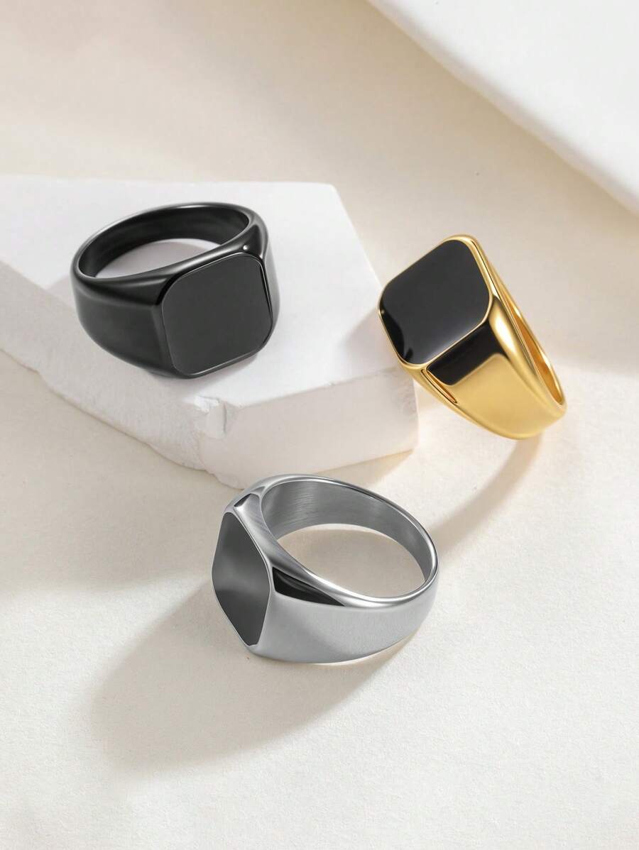 1pc Titanium Steel Ring With Faux Gemstone Inlay, Men's Artificial Stone Titanium Steel Jewelry - 1360 Silver + Obsidian Black - View 1