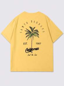 2025 Summer New Arrival Men's Coconut Tree & Letter Print Round Neck Short Sleeve T-Shirt, Casual Vacation Wear