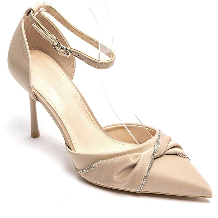 Peep Toe High Heel Shoes With Ankle Strap And Ruffle Details, Embellished With Rhinestones - Khaki - View 1