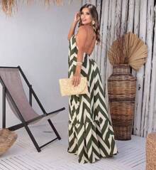 Women's Halter Backless Dress With Padded Cup H-6 - Army Green - View 2