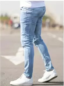 Pantalones vaqueros azul clásico lavados de corte skinny para hombres, pantalones de mezclilla elásticos con detalles desgastados