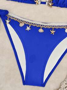 2pcs Women's Ocean Themed Decorative Sexy Casual Bikini Set, Spaghetti Strap Solid Color Swimwear Suitable For Beach And Swimming Pool Vacation Summer - Blue - View 8