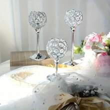 3-Pieces Elegant Crystal Candle Holders - Versatile, Silver CenterpiecePolished Finish For Wedding Decor, Table Centerpieces & Home Ambiance Gifts Birthday Graduation