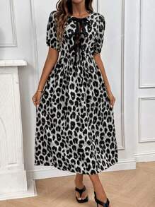 Women's Leopard Print Patchwork Contrast Color Bowknot Mini Dress