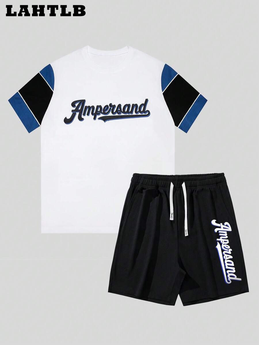 Men's Letter Print Crew Neck Short Sleeve Casual T-Shirt And Drawstring Waist Shorts Set, Summer