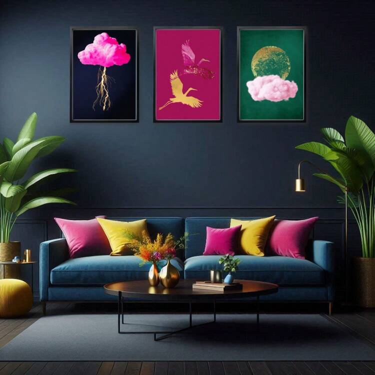 1 pieza Impresión maximalista de nubes | Arte de pared de grúa | Nube verde esmeralda y luna rosa | Arte de pared de lienzo de nube rosa intenso | Para sala de estar, dormitorio, baño, oficina y otras decoraciones del hogar, sin marco - Multicolor - Añade 3