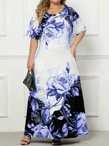 Plus Size Ditsy Floral Dress, Elegant Short Sleeve Round Neck Pocket Dress, Suitable For Autumn/Winter, Women Plus Size Clothing Vacation Summer - Blue - View 2