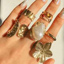 6pcs/Set Baroque Inspired Faux Pearl Flower Ring Set, Vintage Retro Bold Adjustable Cocktail Rings For Women