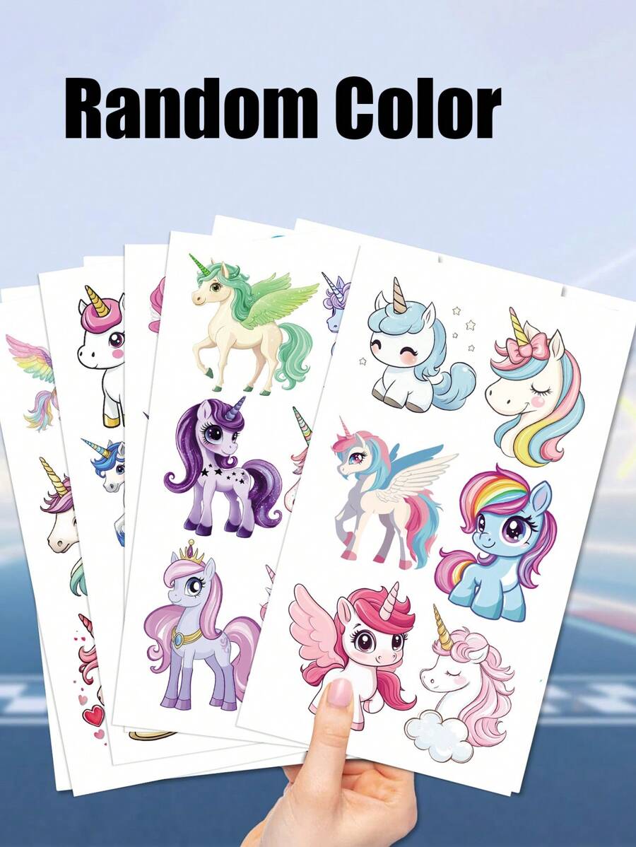 卡通独角兽系列闪光纹身贴纸，防水，儿童派对礼物，趣味十足，DIY好玩，临时假贴纸，包含牛油果、海洋、美人鱼、鲨鱼公主等可爱卡通图案，非常适合日常派对身体装饰和派对用品 - 彩色 - 查看 1