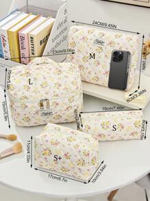 1 pieza/set Bolsa de maquillaje acolchada con estampado de conejito y floral, organizador cosmético multifuncional tipo cartera con cremallera para guardar lápices de labios, brochas, productos de cuidado de la piel, teléfono móvil, monedas y otros artículos pequeños para el hogar o viajes