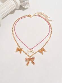 1pc Unique Fashion 18K Gold Plated Metal Fully Rhinestone Bowknot Heart Floral Pendant Necklace For Women, Can Be Purchased As 1pc Or 2pcs Set With Multiple Pendants, Suitable For Party, Wedding, Holiday Occasions And As A Gift