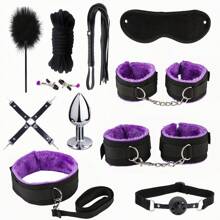 Nylon BDSM Set Plush Sex Bondage Adult Toy Female Set Handcuffs Exotic Sex Games Whip Nipple Clamps Adult SM Product Sexy Toy 18 - Purple - View 7