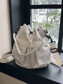 1pc Nylon Drawstring Design Women Shoulder Bag, Versatile For Daily Use, Sports Style, Foldable, Adjustable Strap, Multiple Pockets, Lightweight & Fashionable - White - View 6
