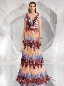 Sequined V-Neck Long Formal Dress & Evening Gown - Pink - View 3