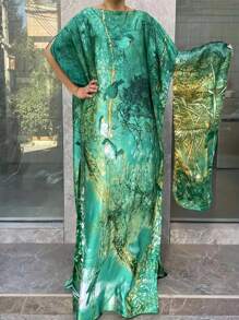 A Women's Plus Size Floral Print Long-Sleeved Dress With Scarf, Elegant Round Neck Batsleeves, Loose Polyester Long Skirt, Suitable For All Seasons, Party Wear,Modest - Green - View 1