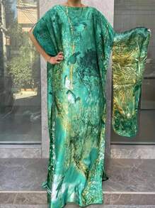 A Women's Plus Size Floral Print Long-Sleeved Dress With Scarf, Elegant Round Neck Batsleeves, Loose Polyester Long Skirt, Suitable For All Seasons, Party Wear,Modest