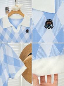 菱形拼色短袖针织 Polo 衫，学院风短款上衣，女士，夏季 - 藍白色 - 查看 11