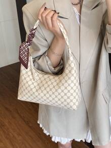 Fashionable Versatile Minimalist Vintage Print Shoulder Bag, Comes With Scarf - 米色 - 查看 4