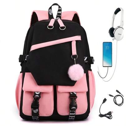 Sports-Themed Backpack - Durable Oxford Fabric, Adjustable Shoulder Straps, Headphone Jack, And Charging Port - Simple And Casual Unisex Student