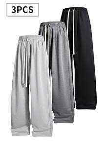 3 Pcs/Set Plus Size Casual Sweatpants, Loose Fit Straight Leg Solid Color Track Pants, Suitable For All Seasons
