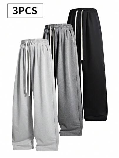 3 Pcs/Set Plus Size Casual Sweatpants, Loose Fit Straight Leg Solid Color Track Pants, Suitable For All Seasons