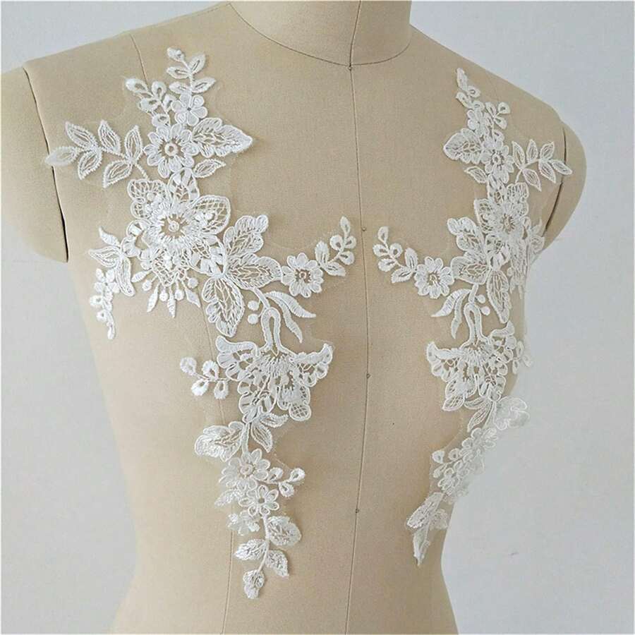 1 Pair White Leaf & Flower Iron-On Patches, DIY Decor For Wedding Veil, Bridal Gown