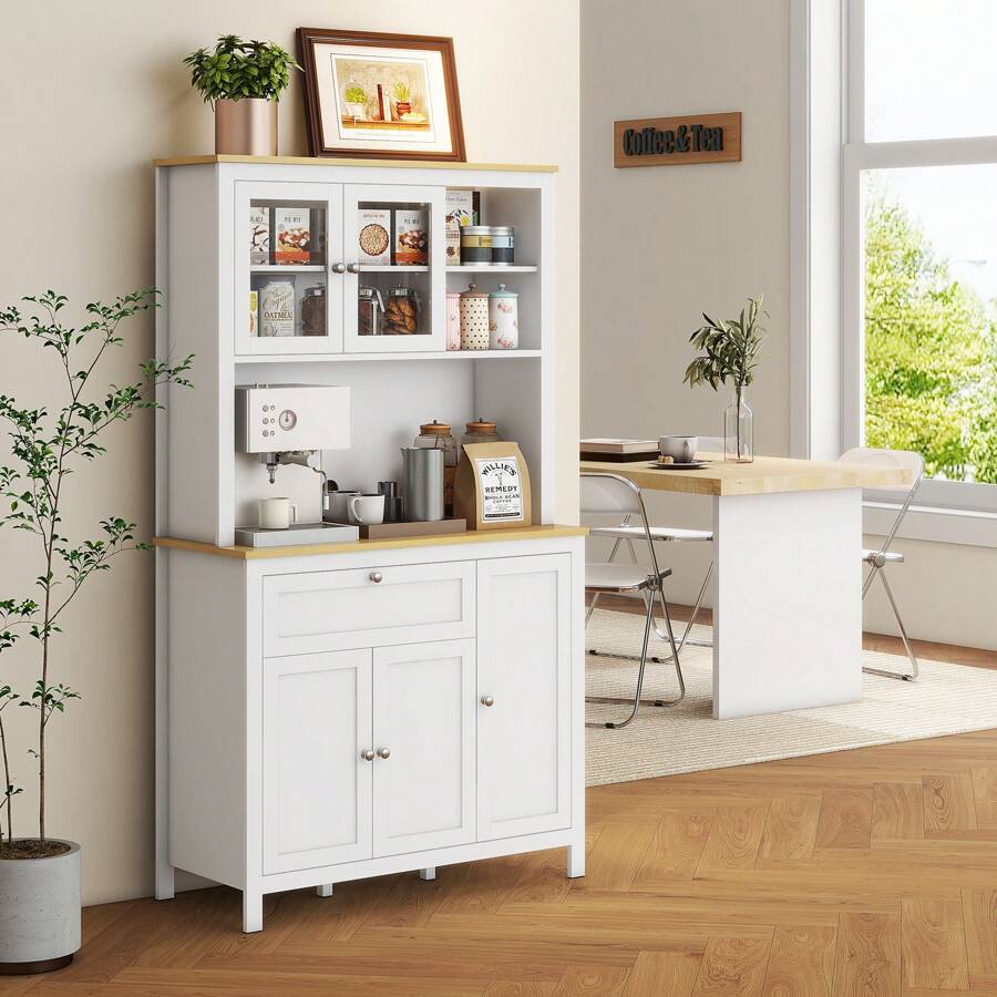 HOMCOM Alacena de Cocina Moderno Mueble Auxiliar de Cocina con 5 Puertas Estante Ajustable Cajón y Encimera de Microondas Abierta 100x40x180 cm Blanco - Blanco - Ver 1