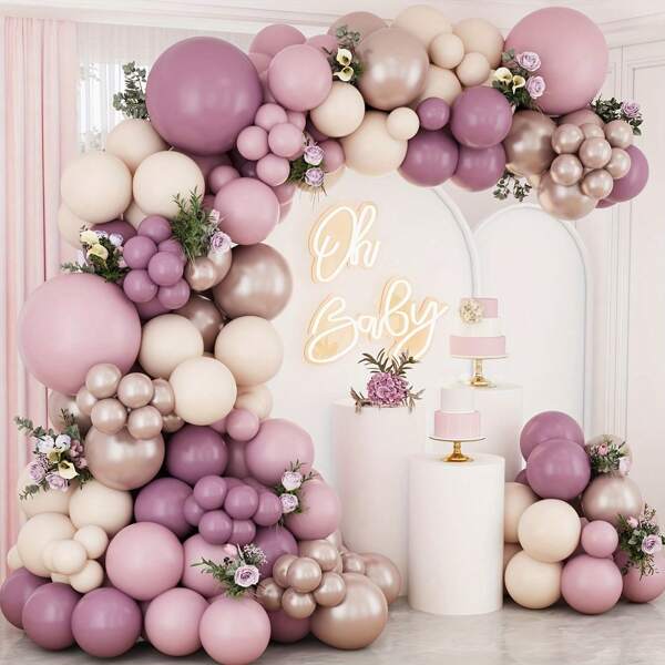 Un conjunto de 110 globos de estilo bohemio en tonos de lavanda clara, blanco arena y dorado, perfectos para arcos florales, fiestas de revelación de sexo, bodas, cumpleaños, aniversarios, duchas nupciales y decoración de duchas con tema de lavanda.